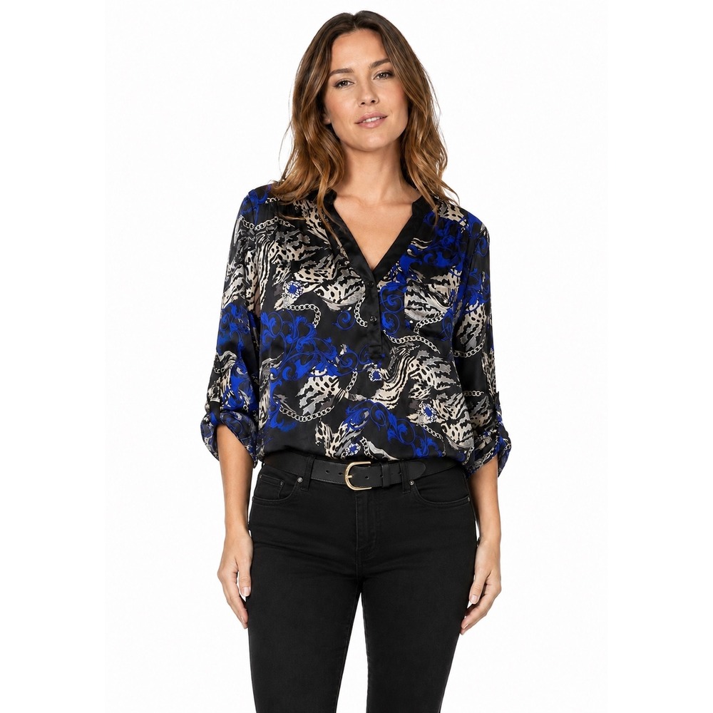 AB Studio Baroque Silky‎ Blouse Top Size L V Neck Blue Black Business Casual